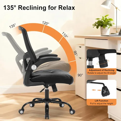 Miniatura 5 de Silla de oficina ergonómica, silla de escritorio con reposabrazos abatible ajustable con soporte lumbar, silla de computadora de malla transpirable