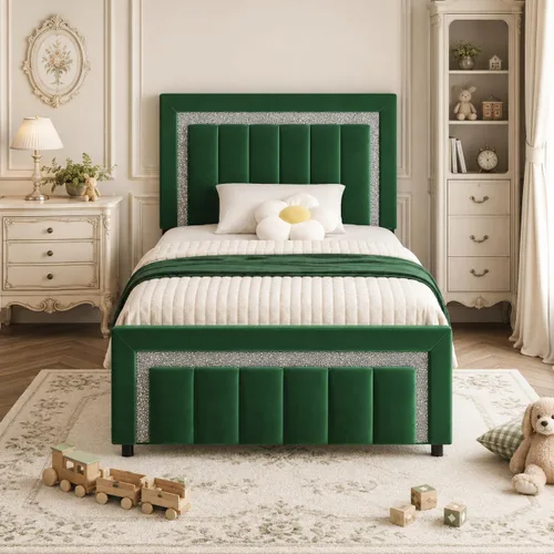 Miniatura 14 de HOMBCK Marcos de Cama Individual, Marco de Cama Tamaño Individual con Cabecera y Pie de Cama de Diseño de Terciopelo Diamante, Marco de Cama