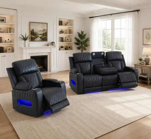 Miniatura 14 de Pon Living - Lujoso juego de sofá reclinable de cuero con LED, juego de sofá reclinable eléctrico, juegos de muebles de sala con portavasos/puerto