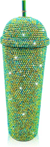 Miniatura 2 de Vaso de 24 onzas con diamantes de imitación hechos a mano con tachuelas, botella de agua reutilizable de plástico con doble pared con tapa y pajitas