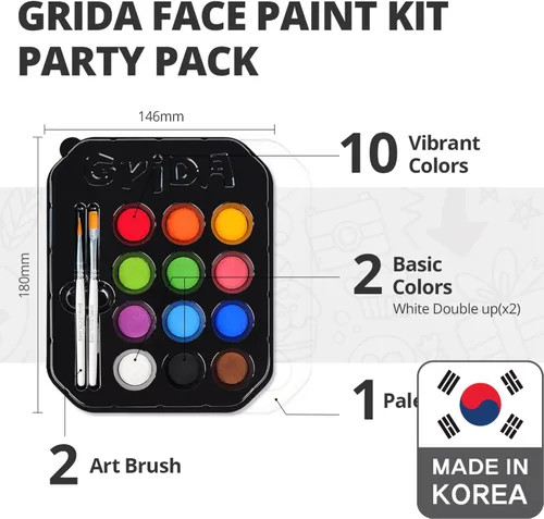 Miniatura 6 de Grida - Pintura facial para niños, kit profesional de pintura facial para fiestas para niños con 12 colores vibrantes con doble blanco, fácil