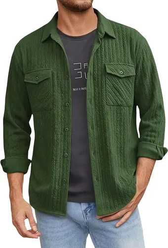 Miniatura 13 de Camisas con botones para hombre, casual, de manga larga, con cuello jacquard, texturizada, ligera, sobrecamisa, sobrecamisa