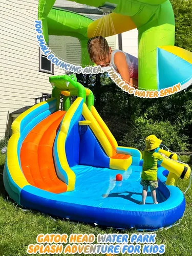 Miniatura 5 de ROOJER Tobogán acuático inflable de cocodrilo para patio trasero de niños, 8 en 1, casa de rebote húmeda y seca, parque acuático con soplador