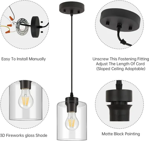 Miniatura 3 de BoostArea Lámparas Colgantes Modernas, Lámpara de Techo Colgante Industrial con Pantalla de Vidrio Transparente, Iluminación Colgante Negra