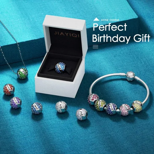 Miniatura 6 de JIAYIQI Dijes de piedra natal para dijes de pulsera de plata de ley 925 abalorios calados de feliz cumpleaños para mujer regalo de joyería Plata