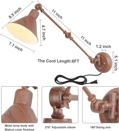 Miniatura 5 de TRLIFE Aplique de pared enchufable, aplique de pared regulable con interruptor de brazo oscilante, luces de pared enchufables, apliques de pared
