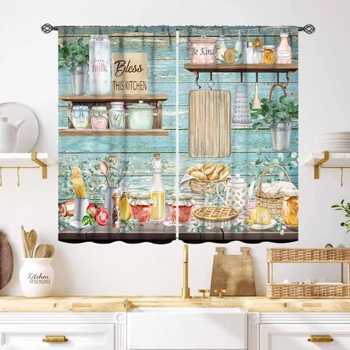 Miniatura 39 de Cortinas Rústicas de Cocina, Tenedor Cuchara Retro Tablón de Madera Granja País Tema de Cocina Citas Divertidas Tratamiento de Ventana