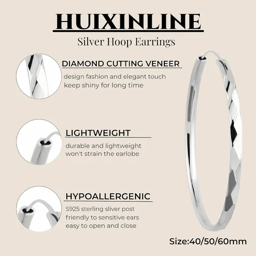 Miniatura 2 de Aretes de aro de plata de ley para mujer, 3 pares de arracadas grandes de plata chapada en oro blanco de 14 quilates, hipoalergénicos, ligeros