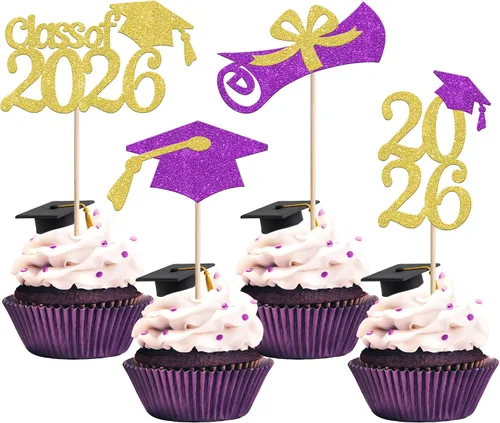 Miniatura 37 de Rsstarxi Paquete de 24 adornos para cupcakes de graduación 2026, con purpurina azul, para la clase de 2026, para diplomas, 24 piezas (6 diseños)