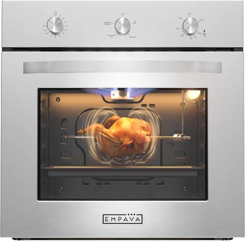 Empava Horno de Pared de Gas Individual de 24 Pulgadas 2.3 Pies Cúbicos Funciones de Hornear Asar Rosticería con Controles Mecánicos-Temporizador