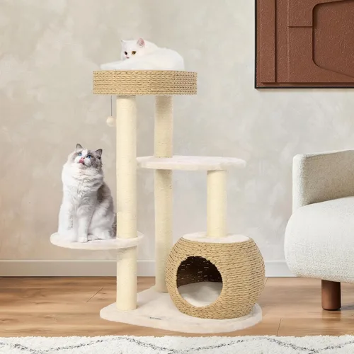 Miniatura 10 de KAMABOKO Árbol Moderno para Gatos, Torre de 53 pulgadas para Gatos de Interior, Postes Rascadores de Sisal Natural, Condominio Tejido a Mano
