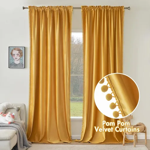 Miniatura 2 de MIULEE - Cortinas de terciopelo con pompones amarillo mostaza para habitación/sala de estar, cortinas opacas para otoño, aislantes térmicos, de 84