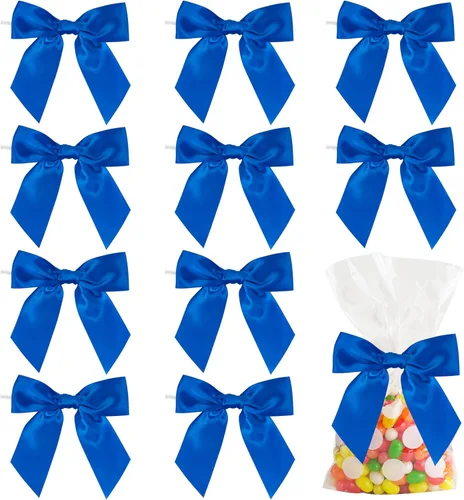 AIMUDI Lazos de Satén Azul Real con Nudo Giratorio para Bolsas de Golosinas 4.5" Lazos Azules Pre-Atados para Envolver Regalos Lazos de Cinta Azul