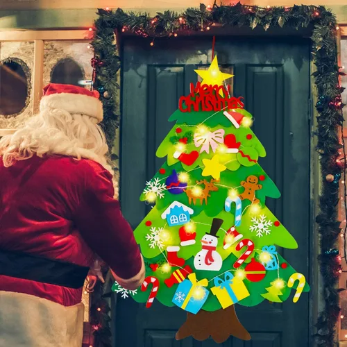 Miniatura 7 de EMPOF Árbol de Navidad de fieltro para niños pequeños - Juego de árbol de fieltro de bricolaje de 1 m con luces de copos de nieve + 32 adornos, Luz