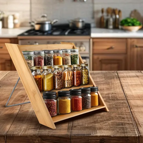 Miniatura 2 de Organizador de especias de bambú para 18 tarros, soporte de madera compacto de 3 niveles para encimera de cocina o cajón de gabinete, se adapta a