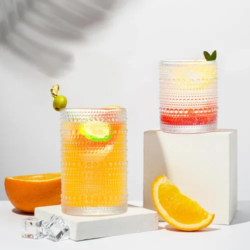 Miniatura 4 de Vasos de beber con asas Hobnail con pajitas, juego de 8 vasos vintage de 15 oz y 12 oz, juego de vasos con relieve para beber, vasos de vidrio