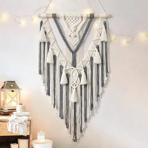 Dremisland - Tapiz tejido de macramé para colgar en la pared, estilo bohemio geométrico, en beige y gris, de algodón hecho a mano, decoración
