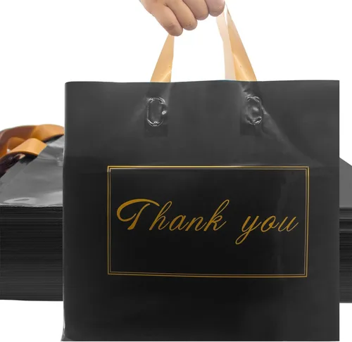 WAKAKO Paquete de 60 bolsas de compras de agradecimiento de 16 x 14 pulgadas, reutilizables, de plástico, con asa, para pequeñas empresas, color