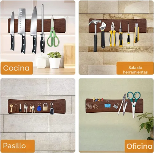 Miniatura 6 de HOSHANHO Tira magnética para cuchillos, poderosas tiras magnéticas de madera de acacia, soporte magnético para cuchillos para pared, 10 pulgadas