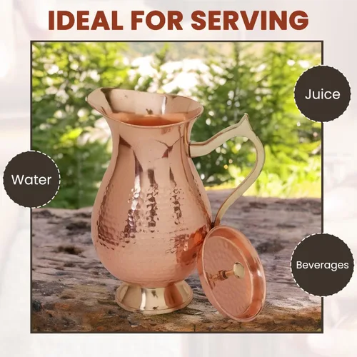 Miniatura 5 de Jarra de cobre 100% puro de 50.7 fl oz (50.72 onzas), jarra de agua de cobre martillado con tapa y asa, recipiente de agua tradicional de cobre
