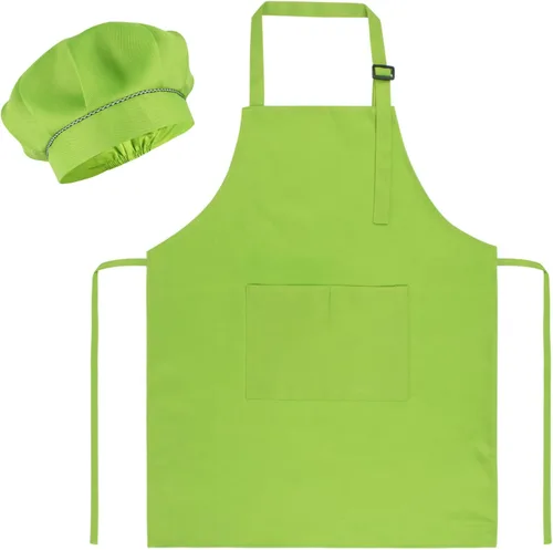Miniatura 10 de SUNLAND Juego de delantal y gorro para niños, delantal de chef para niños para cocinar, hornear y pintar Blanco