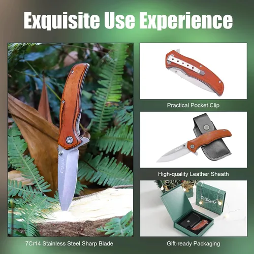 Miniatura 7 de Juego de cuchillos de madera plegables de bolsillo, cuchillos tácticos plegables EDC de apertura segura con cerradura, cuchillo pequeño y afilado