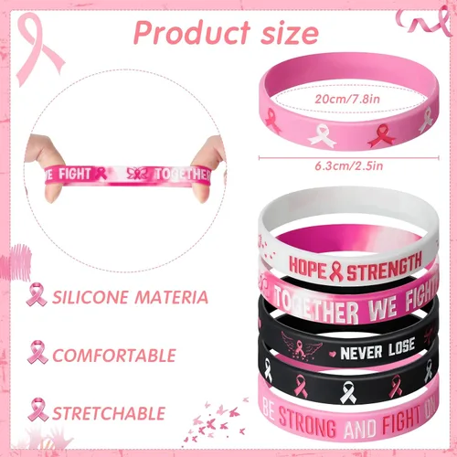 Miniatura 2 de 60 accesorios de concientización sobre el cáncer de mama, incluyen 30 pulseras de silicona de cinta rosa y negra, pulsera de goma y 30 insignias