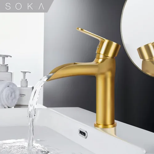 Miniatura 3 de SOKA Grifo dorado para lavabo de baño con cascada, grifo de lavabo de un solo orificio con drenaje emergente, grifo moderno para fregadero de tocador