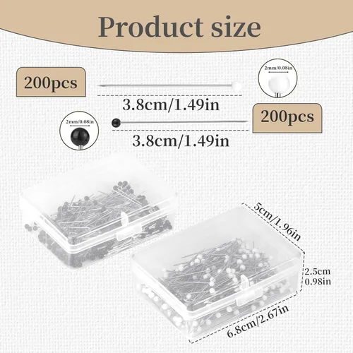 Miniatura 2 de Alfileres de costura, 400 piezas de alfileres rectos para tela, alfileres de acolchado largos de cabeza de bola perlada en blanco y negro de 1.5 Dos