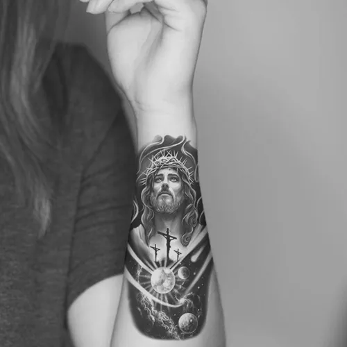 Miniatura 3 de 2 hojas de tatuajes temporales con cruz y luna de Jesús para adultos, espirituales religiosos, tatuajes falsos realistas, nebulosa galaxia en blanco