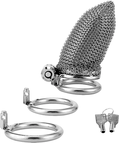 Chastity Device - Juego de 3 anillos y bloqueo invisible de malla metálica para pene para adultos, juguetes sexuales BDSM, dispositivos de bondage