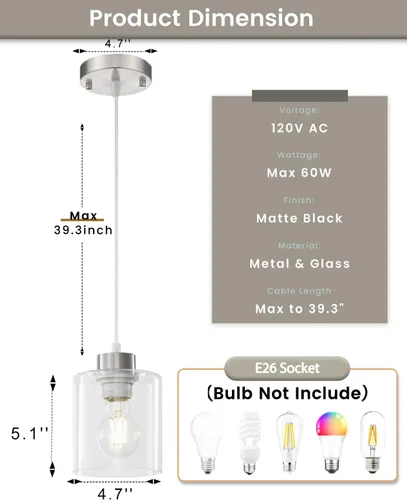 Miniatura 2 de 1 lámpara colgante de níquel cepillado para isla de cocina, moderna lámpara colgante de granja, lámpara de techo ajustable de 39 pulgadas
