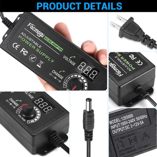 Miniatura 2 de Facmogu Fuente de alimentación ajustable de 3V-12V 5A 60W con pantalla LED, CC variable 3V 5V 6V 9V 12V Adaptador universal AC/DC, 100V-240V AC a DC