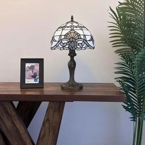Miniatura 6 de Lámpara de mesa de vidrieras blancas estilo barroco bombilla LED incluida para dormitorio sala de estar 12 pulgadas de ancho x 12 pulgadas