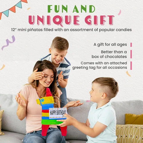 Miniatura 5 de Bonita piñata de burro de 12 pulgadas prerellena con cantidades variadas de caramelos populares y etiqueta de mensaje adjunta para amigos, familia
