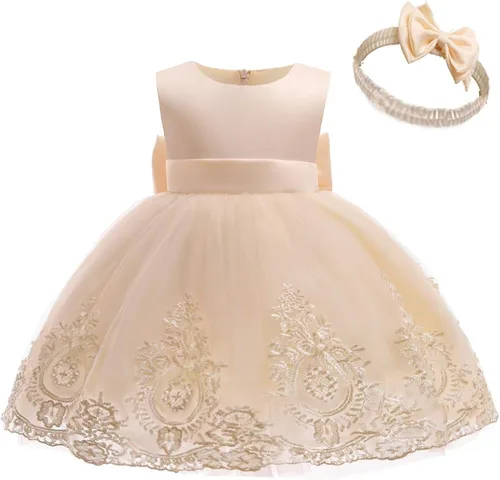 CMMCHAAH - Vestidos de fiesta y concurso con encaje y bordado con lazo tutú y diadema para bebés y niñas tallas 0-6T