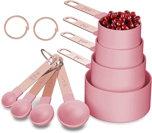 Miniatura 8 de Juego de tazas y cucharas medidoras con mango de acero inoxidable de oro rosa, 8 cucharadas apilables y precisas para medir ingredientes secos