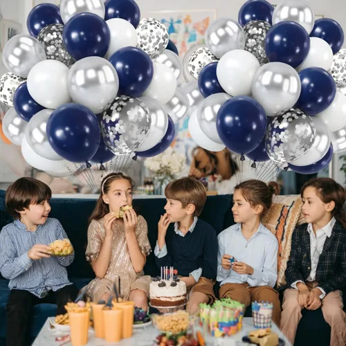 Miniatura 6 de Kit de globos azul marino plateado, 50 piezas de globos de 12 pulgadas azul real oscuro metálico plateado blanco con globos de látex con confeti
