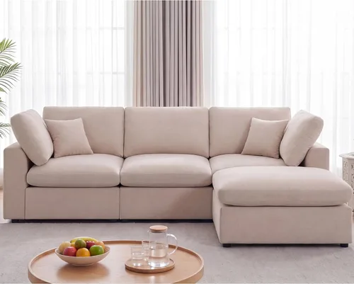 Sofás modulares de nube seccionales para sala de estar, sofá modular grande con otomana, sofá de 3 plazas en forma de L con almohada, color beige,