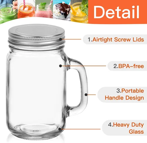 Miniatura 3 de Tarros de vidrio con mango de 16 onzas con tapas, paquete de 9 tarros Mason Tarro de avena de vidrio reutilizable de 16.2 fl oz, tazas de cerveza