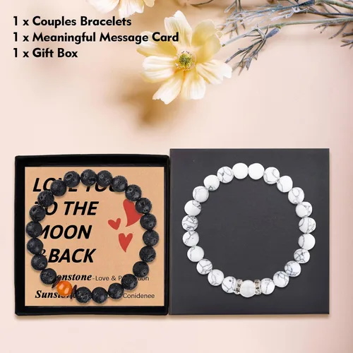 Miniatura 19 de 2 pulseras magnéticas para parejas, piedra natural negra mate, cristal para votos de amor eterno, juego de pulseras de cuentas de piedra de energía