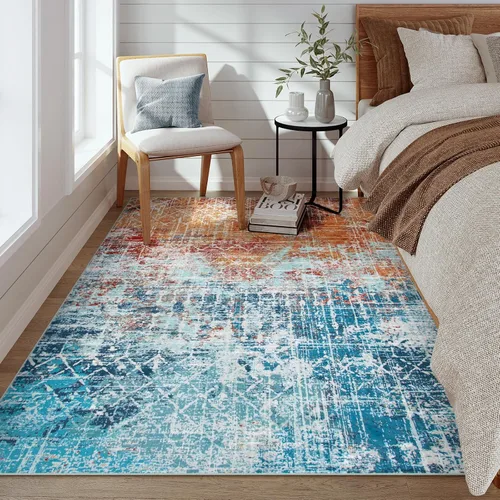 Miniatura 2 de Zealude Alfombra abstracta lavable para sala de estar, de 5 x 7 pies, color verde azulado y naranja, alfombra bohemia antideslizante, moderna