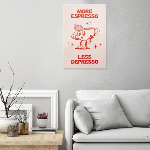 Miniatura 3 de Póster retro con texto en inglés «More Espresso Less Depresso», bonita taza de café de dibujos animados, citas rojas, arte de pared, divertido