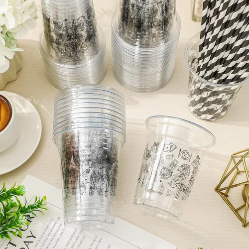 Miniatura 4 de Whaline Juego de 50 vasos de plástico para boda con tapas, popotes negros, para novia, novio, champán, desechables, tazas de café helado