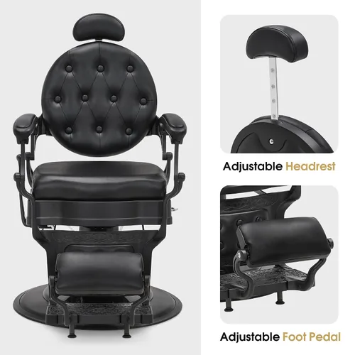 Miniatura 4 de BarberPub Silla de peluquero resistente para hombres con reposacabezas, sillas reclinables hidráulicas de metal antiguo multiusos, equipo de negro