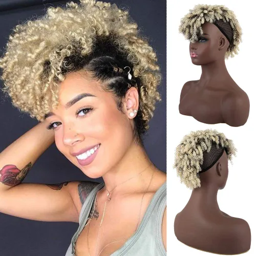 Miniatura 7 de Aisaide Cola de caballo afro Mohawk alta con flequillo sin cordón, extensión de cola de caballo corta rizada sin cordón, clip sintético en moño