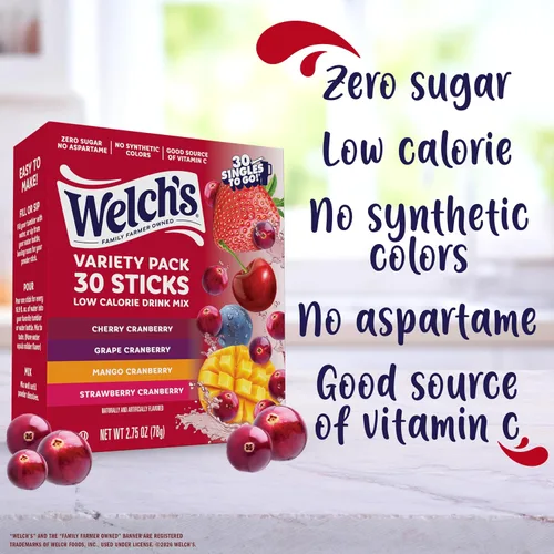 Miniatura 5 de Welch's Singles To Go! Paquete variado de mezcla de bebida de arándano, paquetes de sabor de agua sin azúcar, sin aspartamo, sin tintes