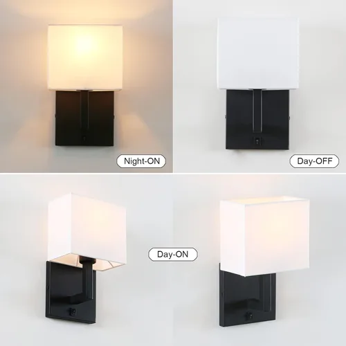 Miniatura 4 de PERMO Aplique de una sola pared con acabado negro con pantallas textiles blancas y botón de interruptor de encendido/apagado, pequeñas lámparas