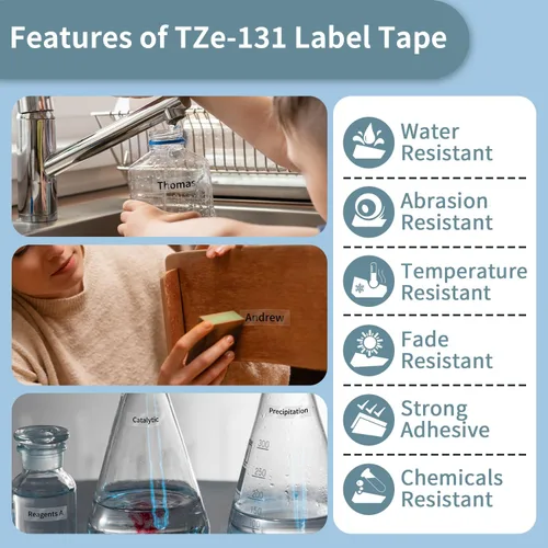 Miniatura 5 de Cinta para etiquetadora Brother TZ transparente de 0.472 in 0.47 laminada P Touch TZe-131 TZe131 negro sobre transparente para repuestos PTouch