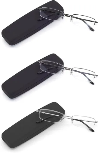 HIGHLIKE Paquete de 2 o 3 lentes de lectura con bloqueo de luz azul con estuches rígidos, lentes de lectura con bisagra de resorte semicarmazón C02: